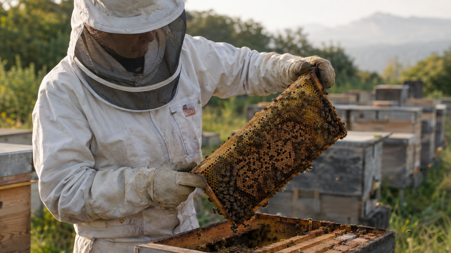 A beekeeper in protective gear lifting a honeycomb frame from a hive during a field inspection