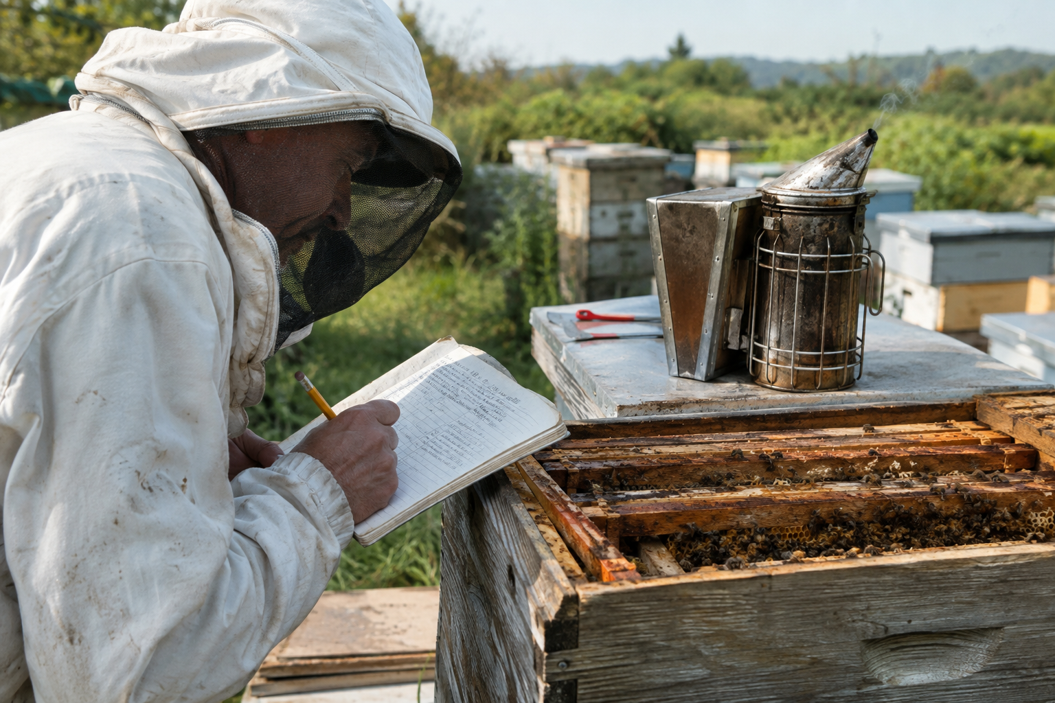 A beekeeper recording inspection notes beside an open hive